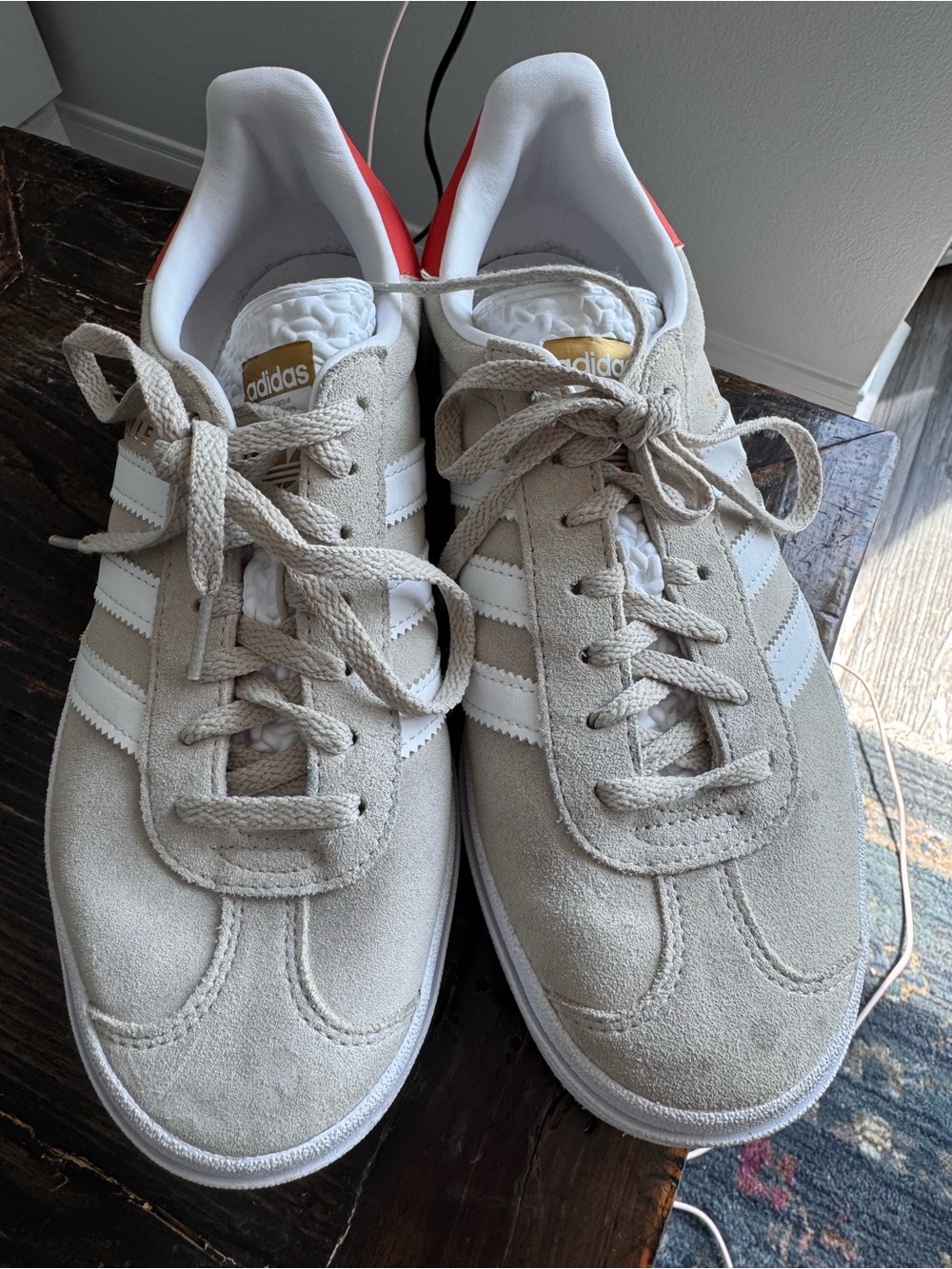 adidas platform Gazelle Beige Sneakers with White Stripes and Orange heel